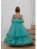 Long Sleeves Turquoise Tulle Ankle Length Flower Girl Dress